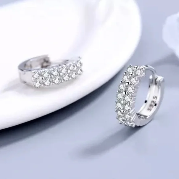 SOLD 925 Silver Needle Double Row Crystal Zircon Round Stud Earrings - Picture 3 of 5